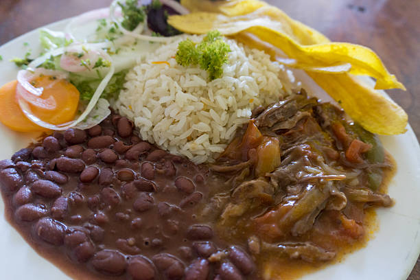 typical nicaragua food. rice, beans, salad, plantains and meat